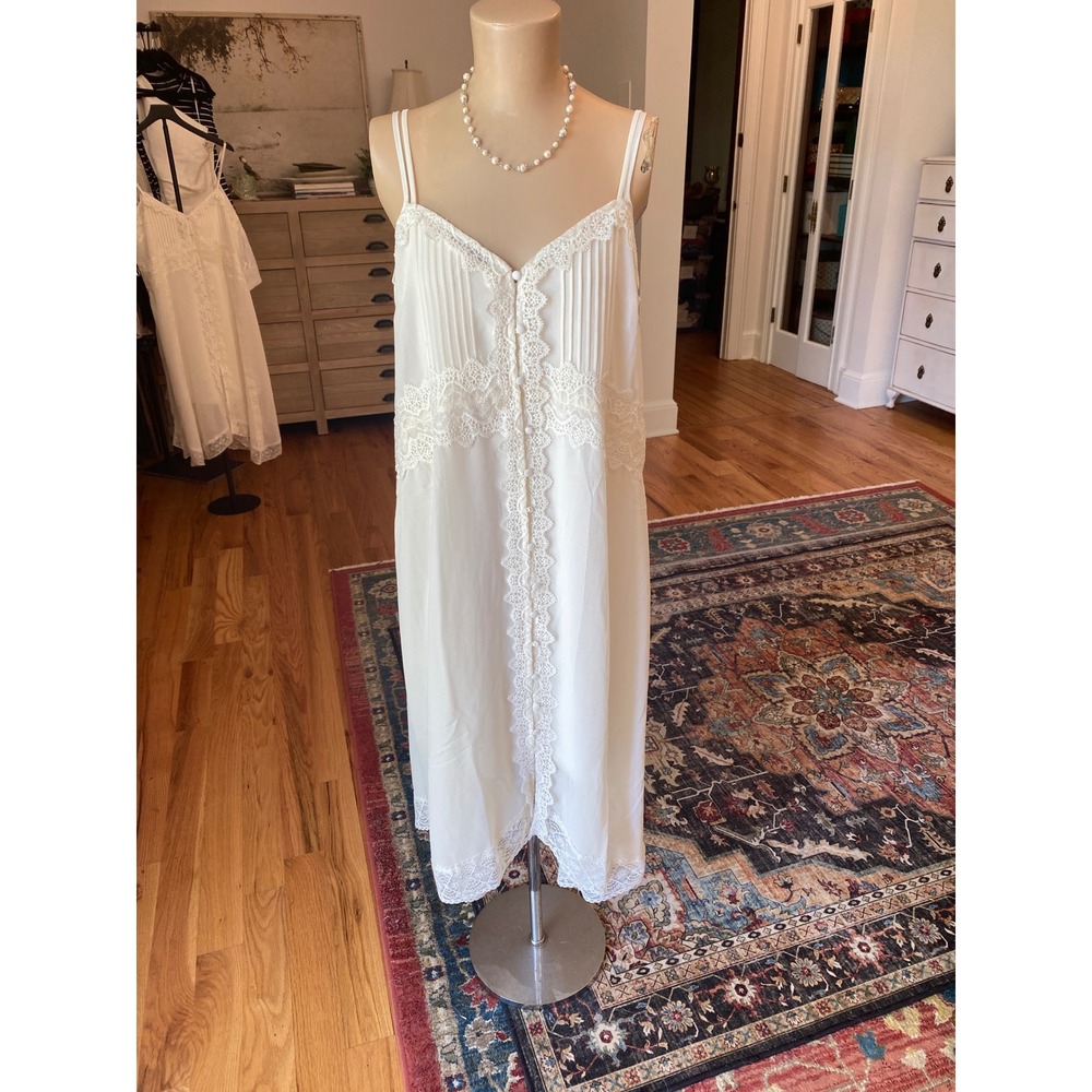 Thirty Thirty LA Cream/Ivory Lace Trim Button Front Midi Dress Large NEW